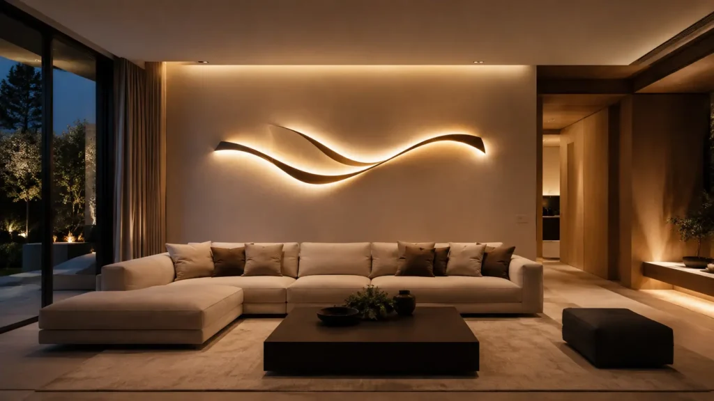 Salon minimaliste illuminé au crépuscule