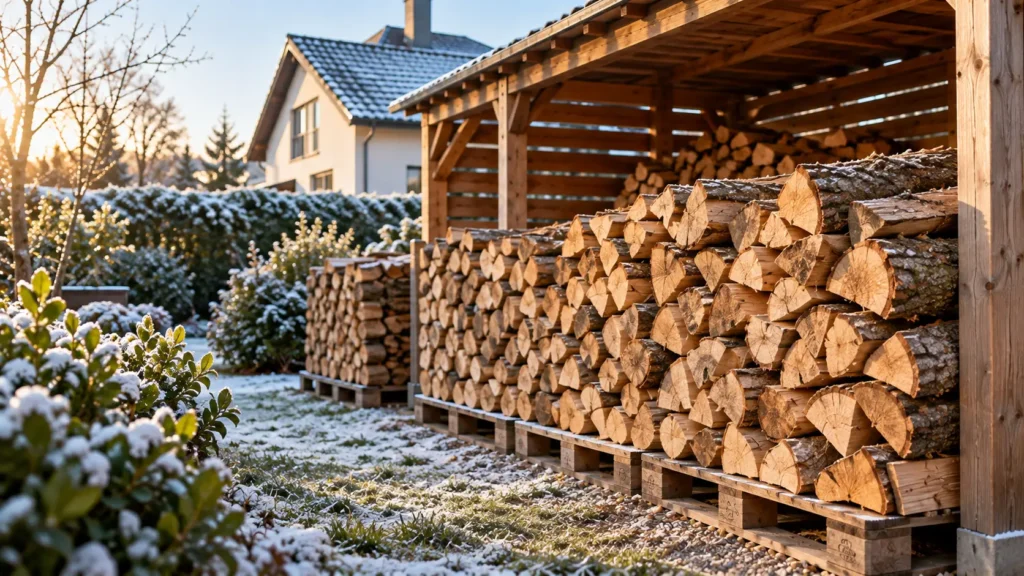 Bois de chauffage soigneusement empilé sur des palettes sous un abri en bois dans un jardin enneigé.