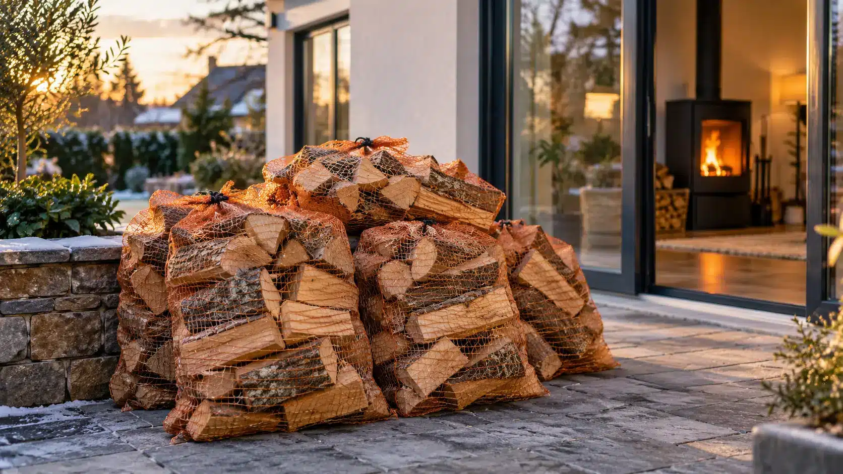 Sacs de bois de chauffage empilés sur une terrasse devant une maison contemporaine, avec un poêle à bois allumé visible à travers une porte vitrée.