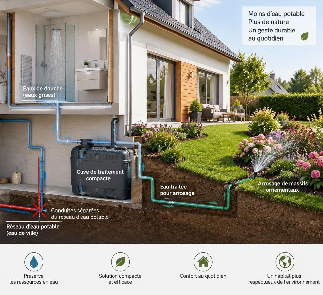 découvrez comment récupérer et filtrer les eaux grises de la douche pour arroser le jardin, tout en respectant la réglementation en vigueur.
