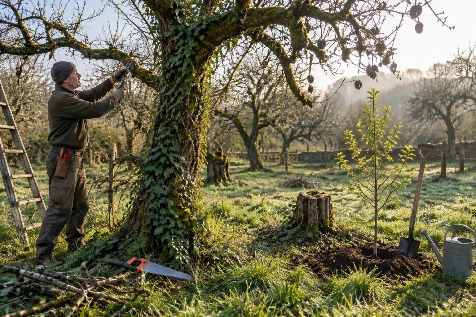 vieux verger abandonné : apprenez à évaluer l’état des arbres et à choisir entre une taille de rénovation ou une replantation.