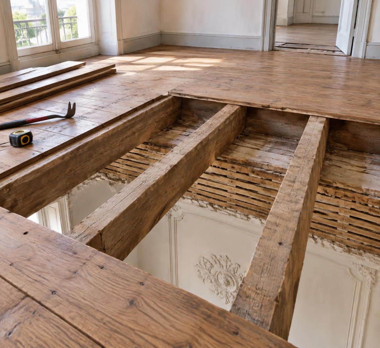 découvrez comment remplacer un plancher en bois vermoulu à l’étage sans endommager ni modifier le plafond situé en dessous.